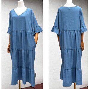 Emery Rose Tiered Ruffle Blue Maxi Dress With Pockets & Bell Sleeves Sz 4X Long